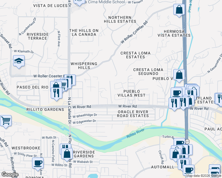 map of restaurants, bars, coffee shops, grocery stores, and more near 1000 West River Road in Tucson