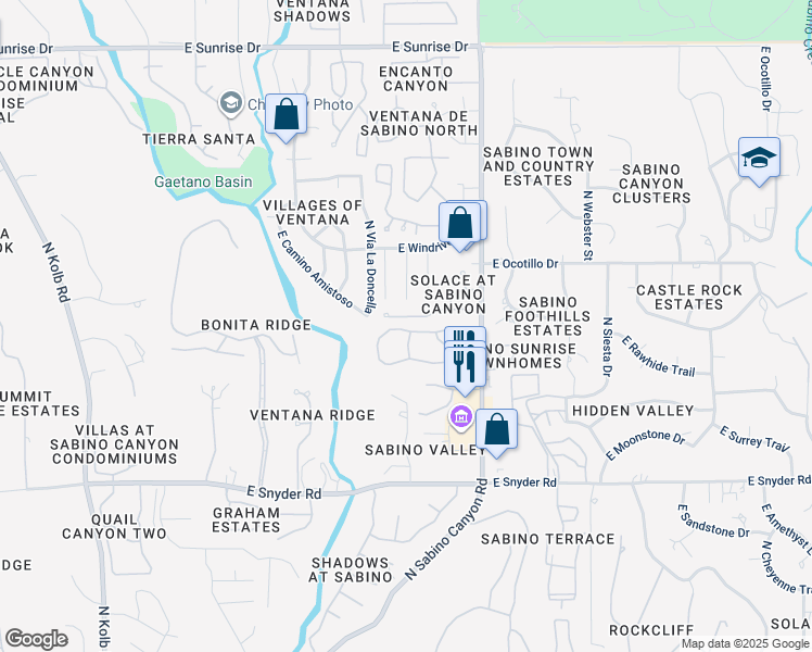 map of restaurants, bars, coffee shops, grocery stores, and more near 5051 North Sabino Canyon Road in Tucson