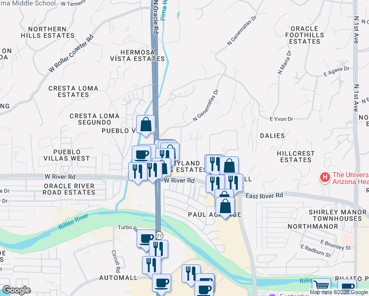 map of restaurants, bars, coffee shops, grocery stores, and more near 209 West Genematas Drive in Tucson