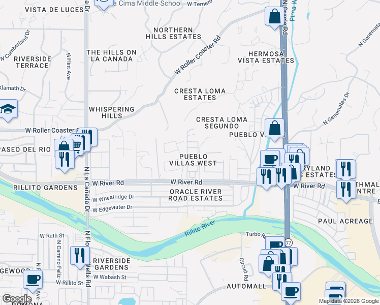 map of restaurants, bars, coffee shops, grocery stores, and more near 991 West Paria Lane in Tucson
