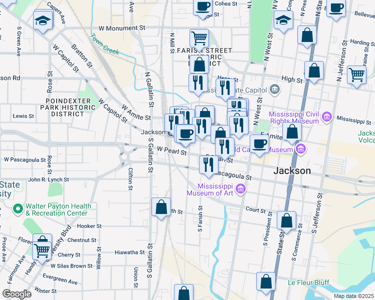 map of restaurants, bars, coffee shops, grocery stores, and more near 140 West Pearl Street in Jackson