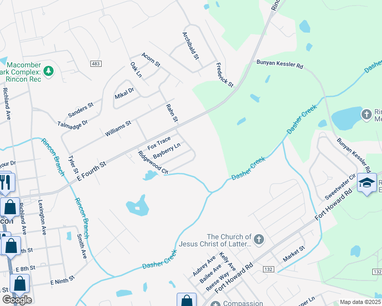 map of restaurants, bars, coffee shops, grocery stores, and more near 140 Ridgewood Circle in Rincon