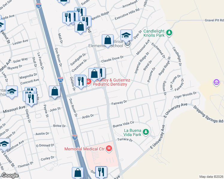 map of restaurants, bars, coffee shops, grocery stores, and more near 2925 Valle Vista in Las Cruces