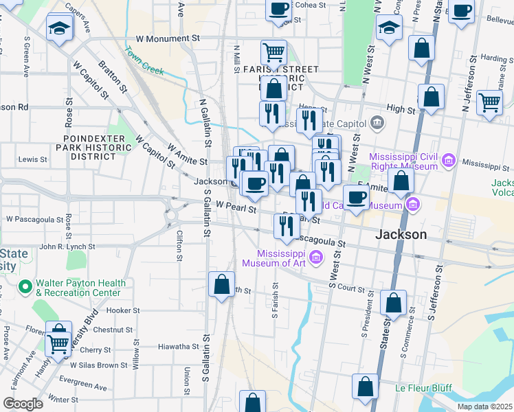 map of restaurants, bars, coffee shops, grocery stores, and more near 140 West Pearl Street in Jackson