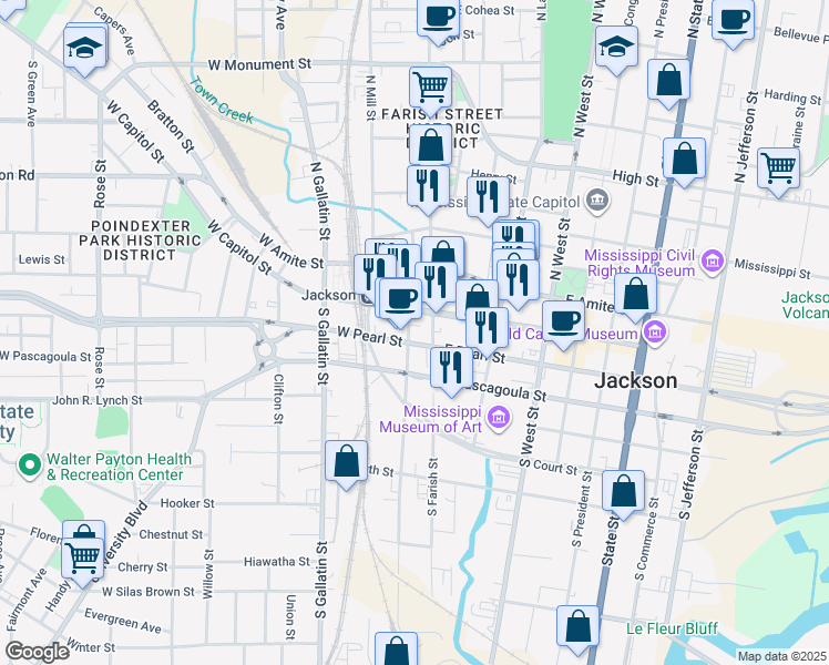map of restaurants, bars, coffee shops, grocery stores, and more near 140 West Pearl Street in Jackson