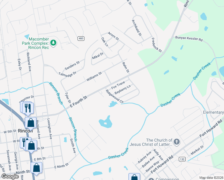map of restaurants, bars, coffee shops, grocery stores, and more near 121 Fox Trace in Rincon
