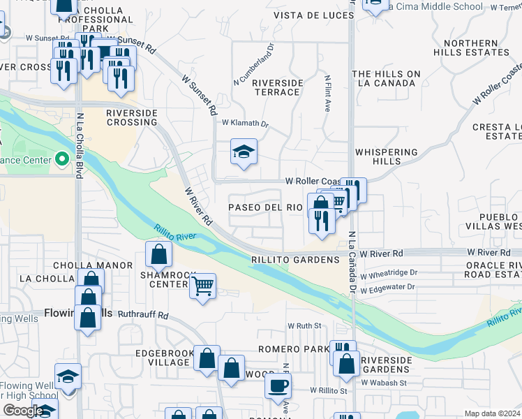 map of restaurants, bars, coffee shops, grocery stores, and more near 1636 West Green Thicket Way in Tucson