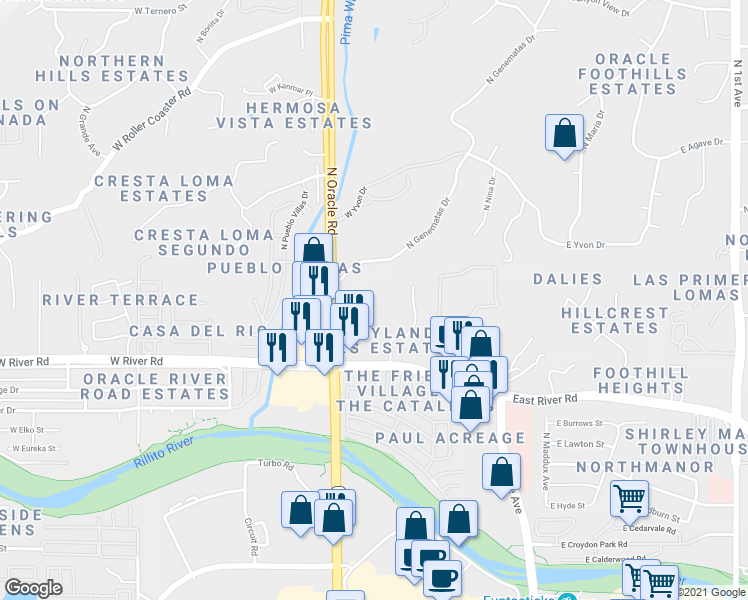 map of restaurants, bars, coffee shops, grocery stores, and more near 209 West Genematas Drive in Tucson