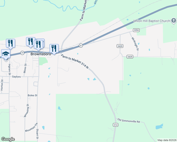 map of restaurants, bars, coffee shops, grocery stores, and more near 11215 Farm to Market 314 North in Brownsboro