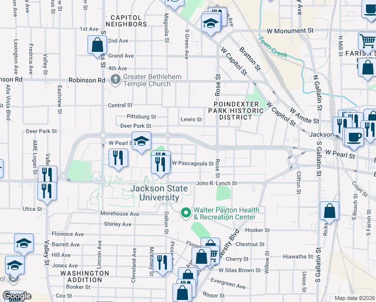 map of restaurants, bars, coffee shops, grocery stores, and more near 1127 Isaiah Montgomery Street in Jackson