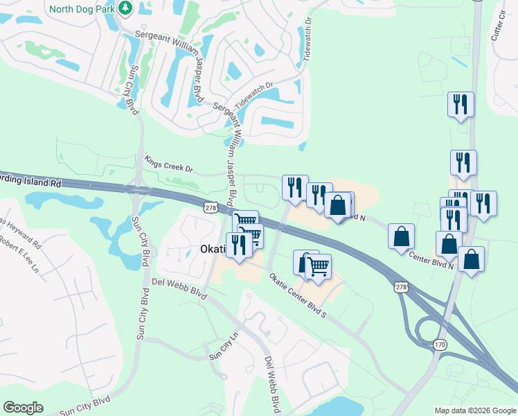map of restaurants, bars, coffee shops, grocery stores, and more near 30 Seaford Place in Bluffton