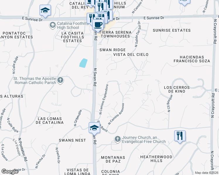 map of restaurants, bars, coffee shops, grocery stores, and more near 5100 North Camino Esplendora in Tucson
