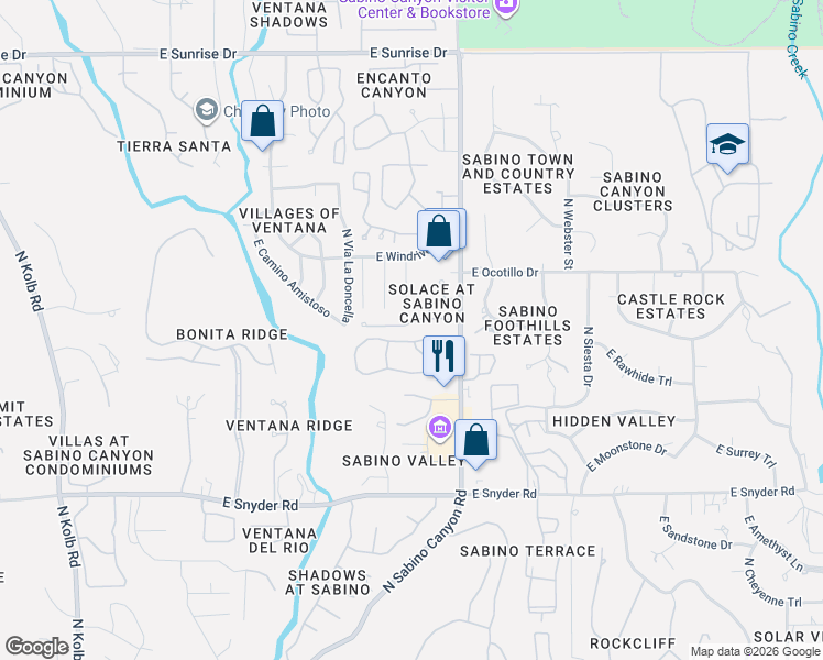 map of restaurants, bars, coffee shops, grocery stores, and more near 5051 North Sabino Canyon Road in Tucson