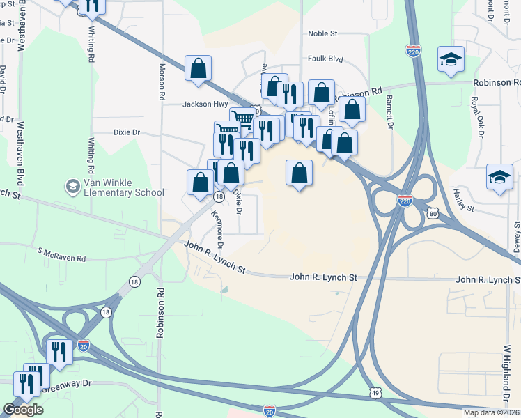 map of restaurants, bars, coffee shops, grocery stores, and more near 1738 Hampton Street in Jackson