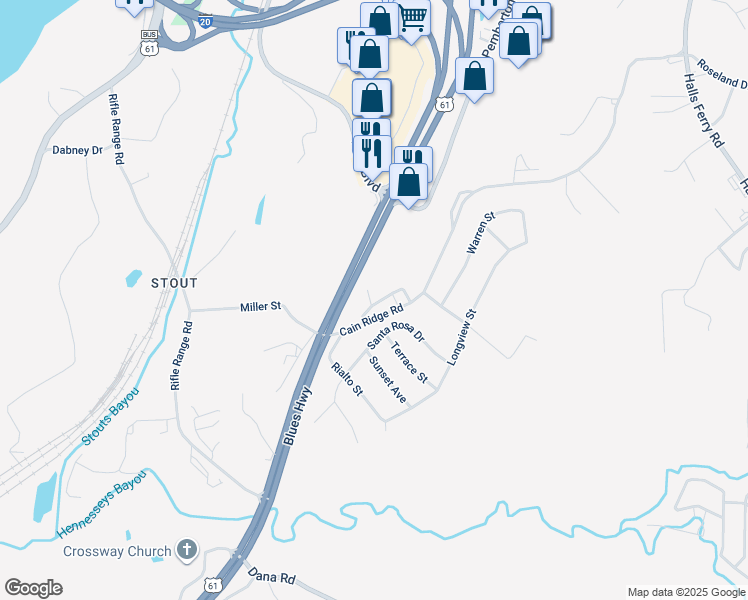 map of restaurants, bars, coffee shops, grocery stores, and more near 605-697 Cain Ridge Rd in Vicksburg