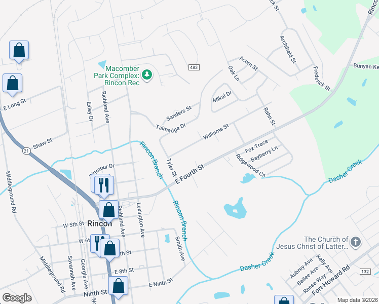 map of restaurants, bars, coffee shops, grocery stores, and more near 505 Williams Street in Rincon
