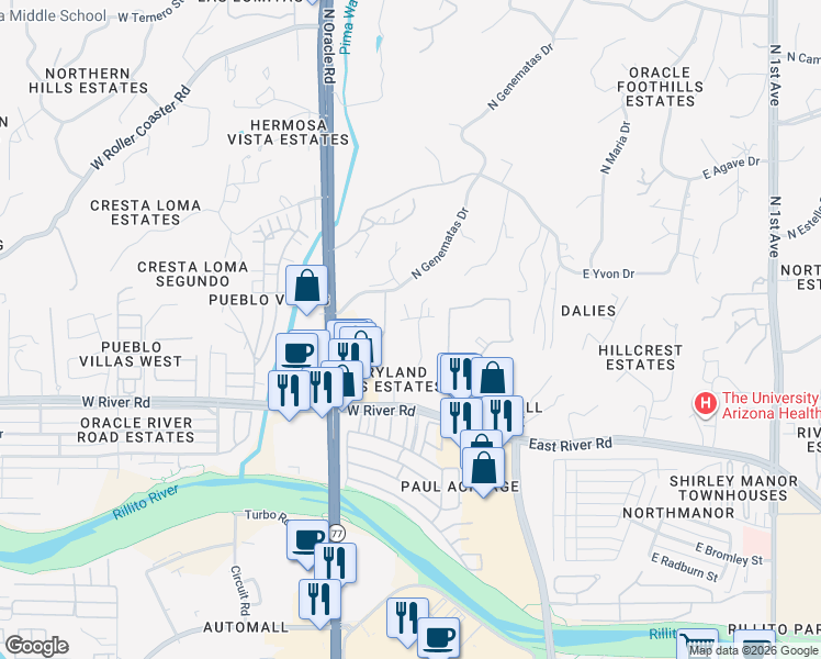 map of restaurants, bars, coffee shops, grocery stores, and more near 209 West Genematas Drive in Tucson