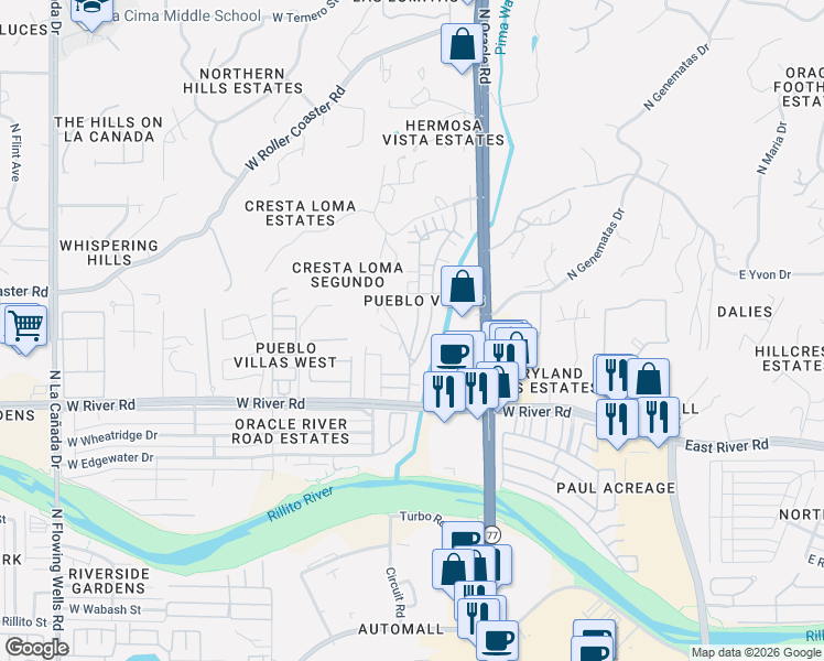 map of restaurants, bars, coffee shops, grocery stores, and more near 5101 North Pueblo Villas Drive in Tucson