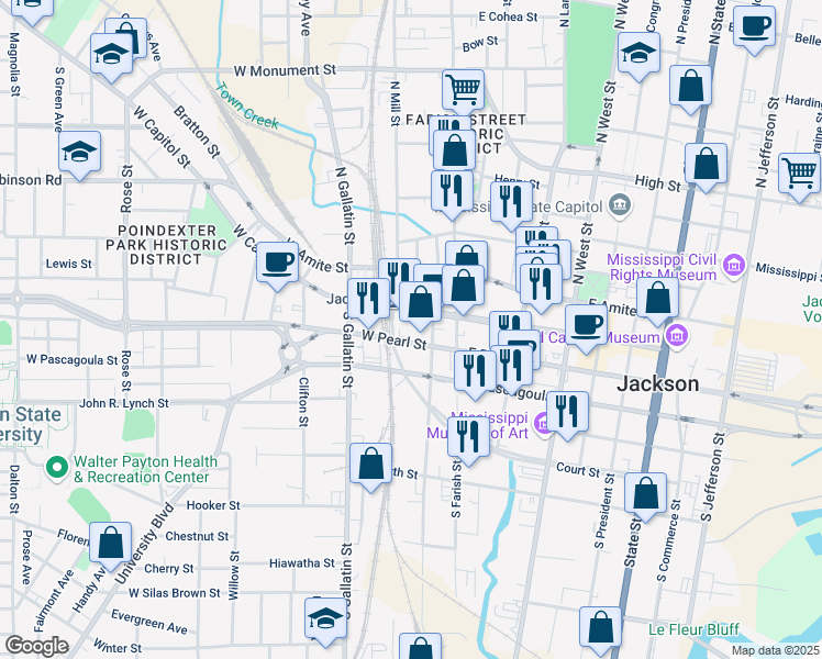 map of restaurants, bars, coffee shops, grocery stores, and more near 221 West Pearl Street in Jackson