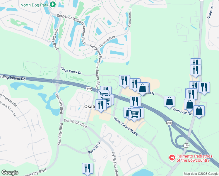 map of restaurants, bars, coffee shops, grocery stores, and more near 30 Seaford Place in Okatie