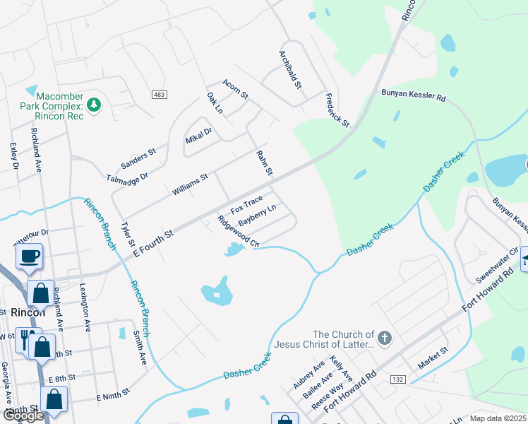 map of restaurants, bars, coffee shops, grocery stores, and more near Bay Berry Lane in Rincon