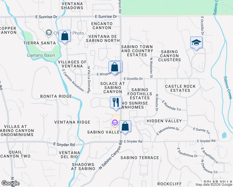 map of restaurants, bars, coffee shops, grocery stores, and more near 7874 East Pristine Place in Tucson