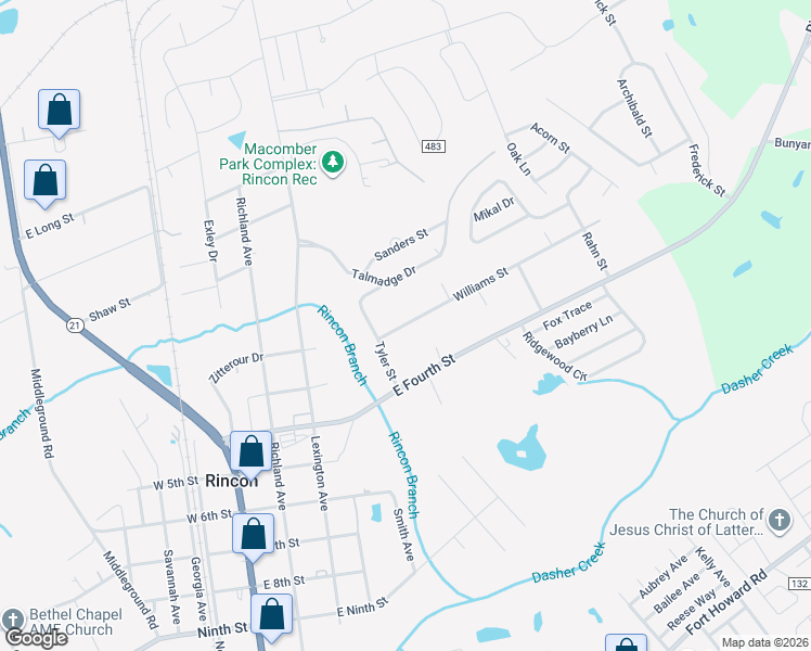 map of restaurants, bars, coffee shops, grocery stores, and more near 505 Williams Street in Rincon