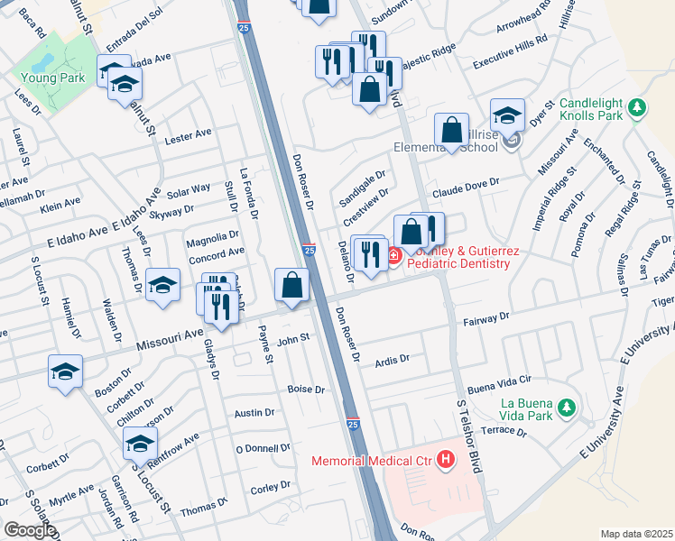 map of restaurants, bars, coffee shops, grocery stores, and more near 1685 S Don Roser Dr in Las Cruces