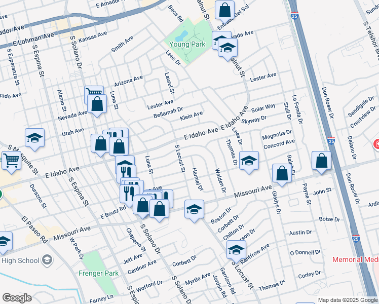 map of restaurants, bars, coffee shops, grocery stores, and more near 1821 Foster Road in Las Cruces