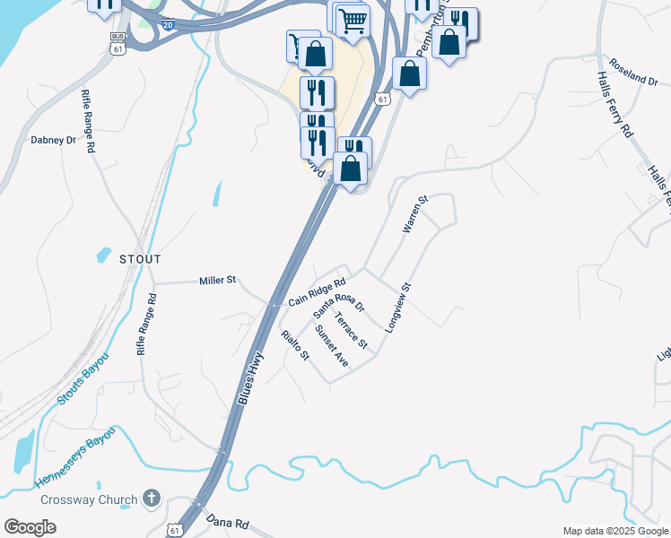 map of restaurants, bars, coffee shops, grocery stores, and more near 605 Cain Ridge Road in Vicksburg