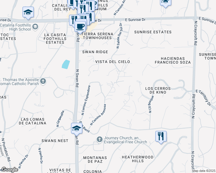 map of restaurants, bars, coffee shops, grocery stores, and more near 5115 North Camino Arenosa in Tucson