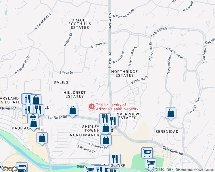 map of restaurants, bars, coffee shops, grocery stores, and more near 6255 North Avenida Primera in Tucson