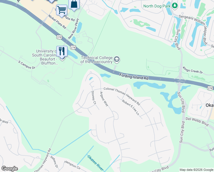 map of restaurants, bars, coffee shops, grocery stores, and more near 614 Argent Way in Bluffton