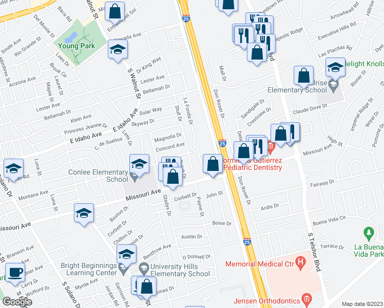 map of restaurants, bars, coffee shops, grocery stores, and more near 1601 Stull Drive in Las Cruces