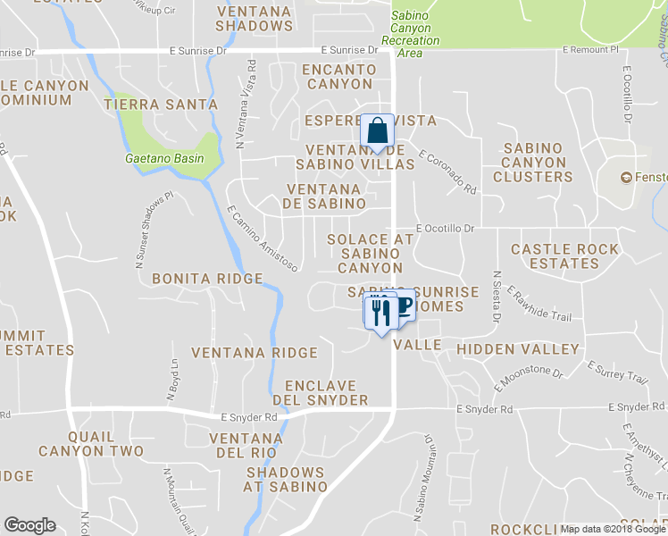 map of restaurants, bars, coffee shops, grocery stores, and more near 7769 East Pristine Place in Tucson