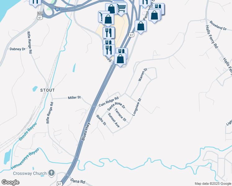 map of restaurants, bars, coffee shops, grocery stores, and more near 605 Cain Ridge Road in Vicksburg