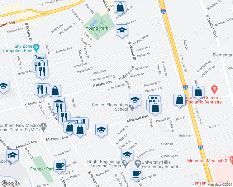 map of restaurants, bars, coffee shops, grocery stores, and more near 1400 Boston Drive in Las Cruces