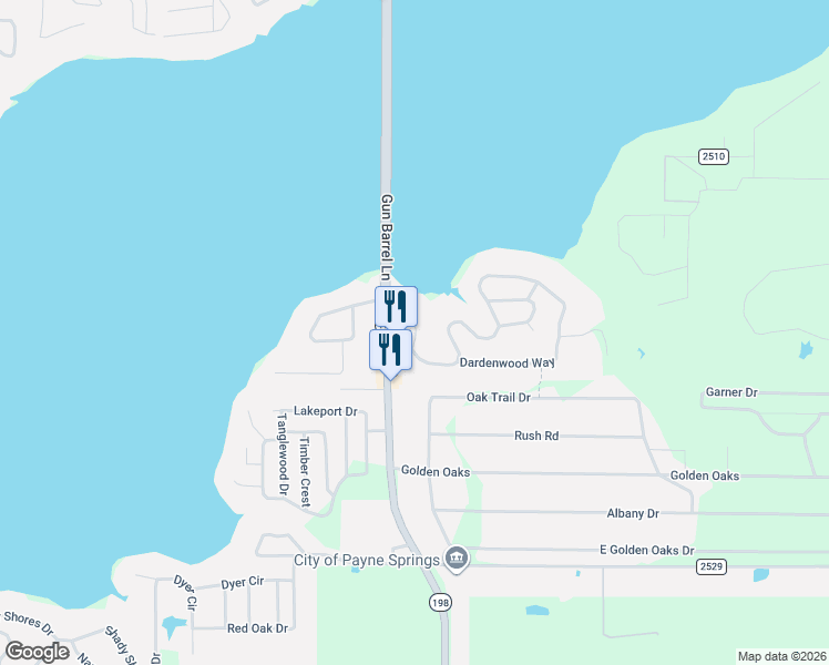 map of restaurants, bars, coffee shops, grocery stores, and more near 105 Whispering Oaks Trail in Mabank