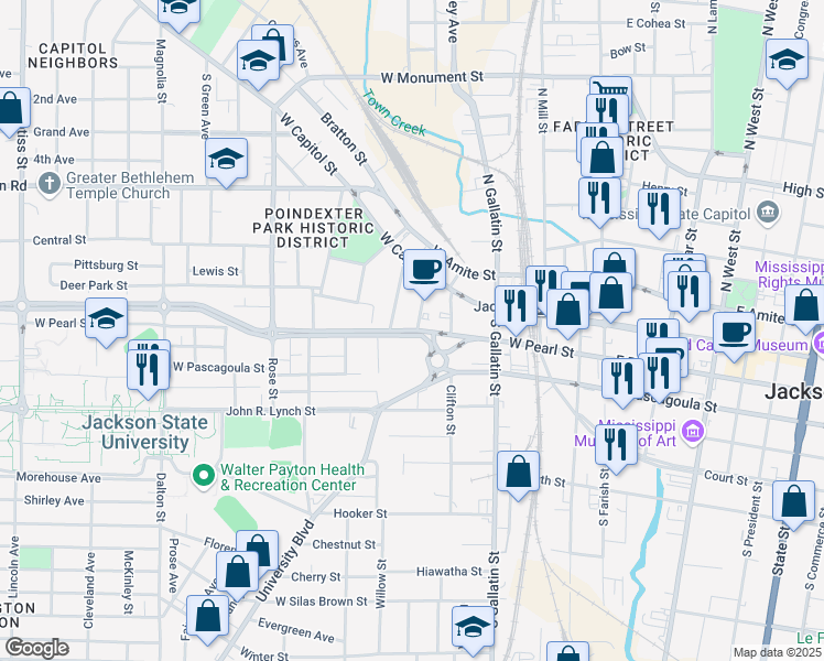 map of restaurants, bars, coffee shops, grocery stores, and more near 618 West Pearl Street in Jackson