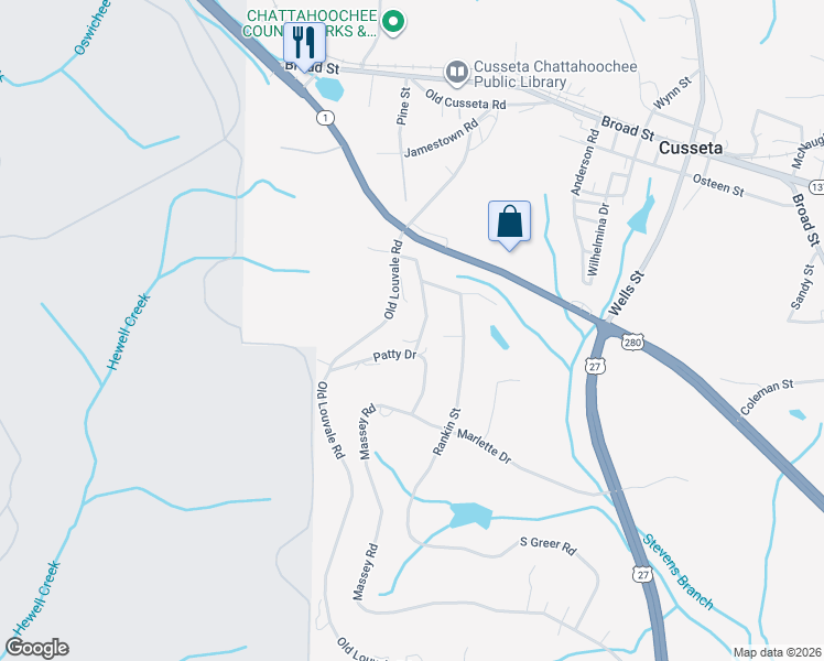 map of restaurants, bars, coffee shops, grocery stores, and more near Patty Drive in Cusseta