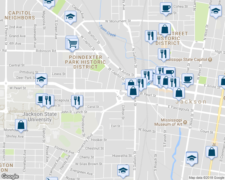 map of restaurants, bars, coffee shops, grocery stores, and more near 618 West Pearl Street in Jackson