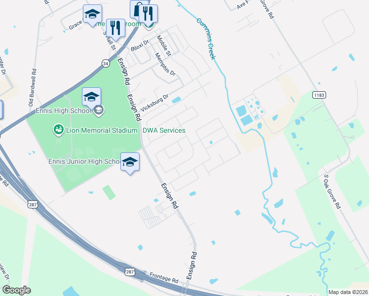 map of restaurants, bars, coffee shops, grocery stores, and more near 3915 Ensign Road in Ennis