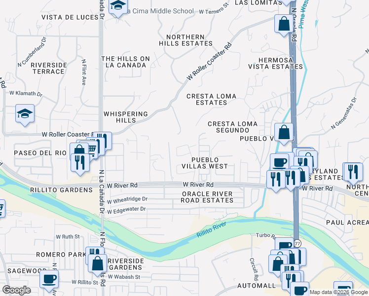 map of restaurants, bars, coffee shops, grocery stores, and more near 1057 West Sea Lion Drive in Tucson