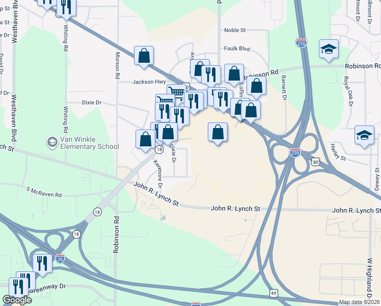 map of restaurants, bars, coffee shops, grocery stores, and more near 1738 Hampton Street in Jackson