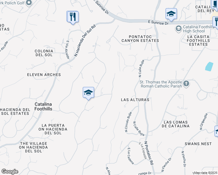 map of restaurants, bars, coffee shops, grocery stores, and more near 5115 North Vía De La Granja in Tucson