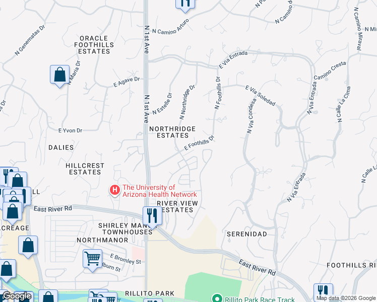 map of restaurants, bars, coffee shops, grocery stores, and more near 925 East Foothills Drive in Tucson