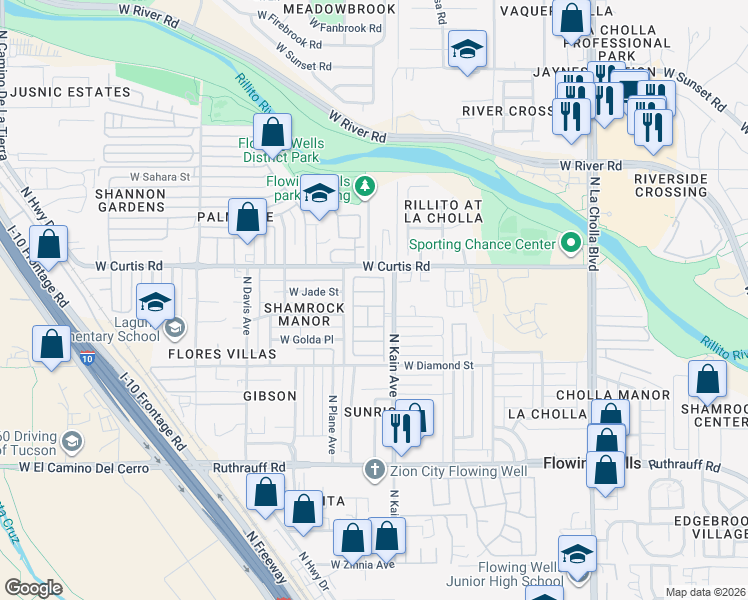 map of restaurants, bars, coffee shops, grocery stores, and more near 5151 North Kain Avenue in Tucson