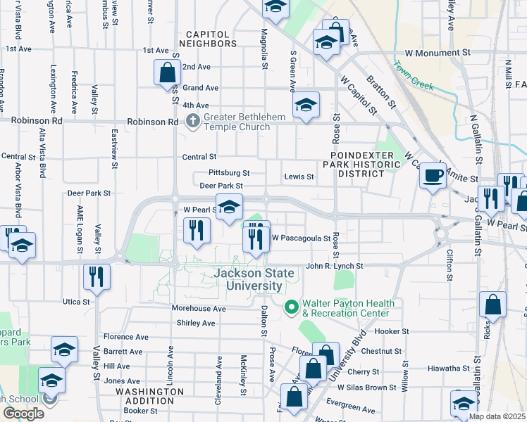 map of restaurants, bars, coffee shops, grocery stores, and more near 1311 West Pearl Street in Jackson