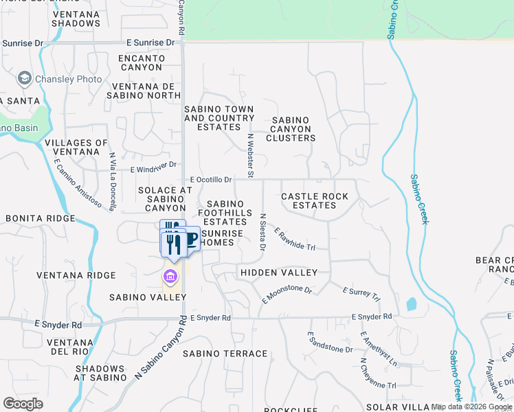 map of restaurants, bars, coffee shops, grocery stores, and more near 8080 East Ocotillo Drive in Tucson
