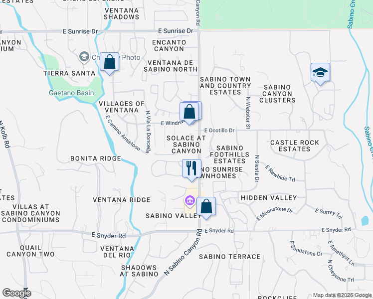 map of restaurants, bars, coffee shops, grocery stores, and more near 5162 North Contentment Court in Tucson
